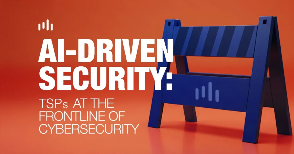 A blue roadblocker on an orange background with the title: AI-Driven Security-TSPs at the frontlineof cybersecurity