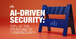 A blue roadblocker on an orange background with the title: AI-Driven Security-TSPs at the frontlineof cybersecurity
