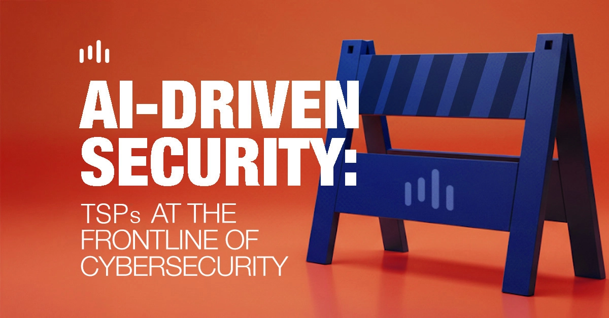 A blue roadblocker on an orange background with the title: AI-Driven Security-TSPs at the frontlineof cybersecurity